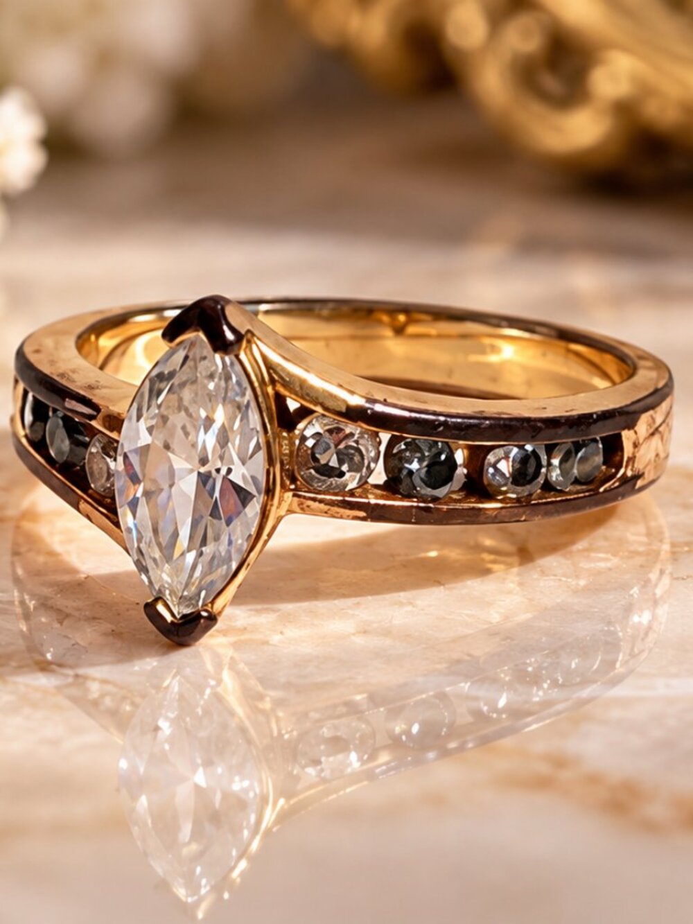 Vintage Gold Tone Marquise Rhinestone Ring Clear Crystal Size 8.5–9